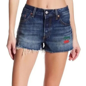 Levi’s 501 Button Fly Cut Off Cherry Blue Denim Shorts 26 Boho Festival Rodeo